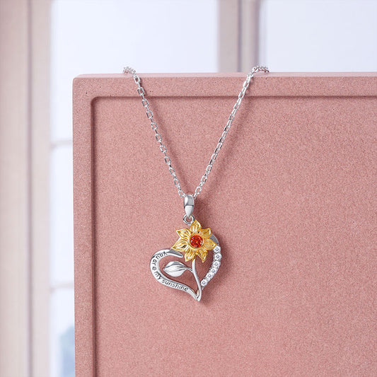 Sunflower "You Are My Sunshine" Heart Necklace Sterling Silver Inlaid with Ruby and Crystal Gems_4