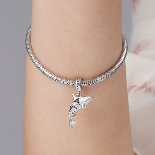 Killer Whale Orca Pendant Dangle Charm Sterling Silver Inlaid with Black Stones_3