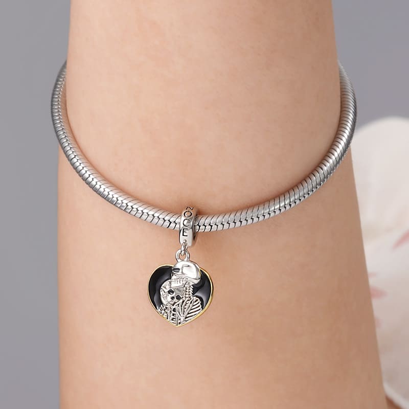 Skeleton Couple Heart Frame Pendant Dangle Charm Sterling Silver_3