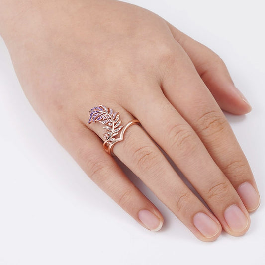 Feather V-Ring Sterling Silver 18K Rose Gold Plated Inlaid with Gradient Purple Gemstones_3