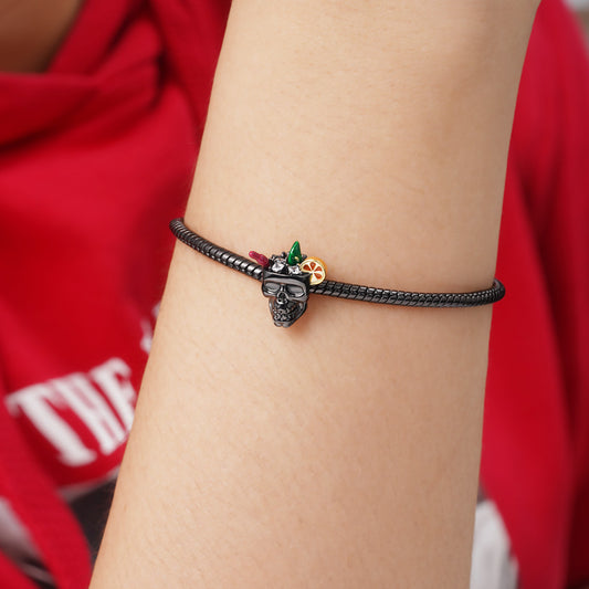 Cocktail Drinking Skull Charm Bead 925 Sterling Silver Plated with Black_3