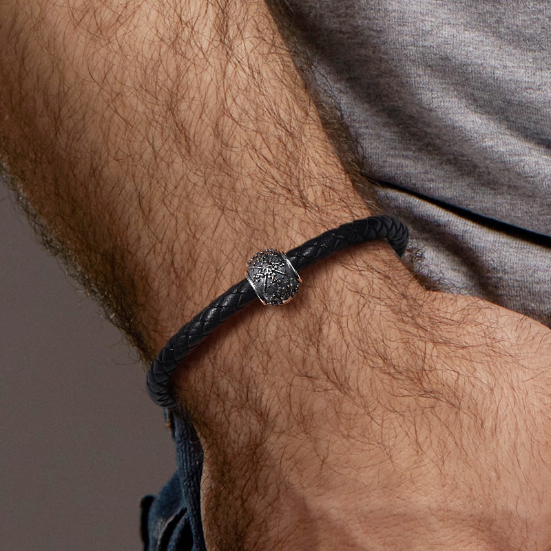 Skull with Swords Men's Vintage Bead S925 Sterling Silver with Gift Copper Black Leather Men's Bracelet Jewelry for Men_4