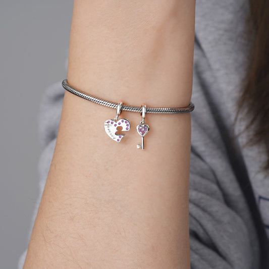 Heart and Key Set Pendant Dangle Charm 925 Sterling Silver Inlaid with Purple Zircon Stones_3