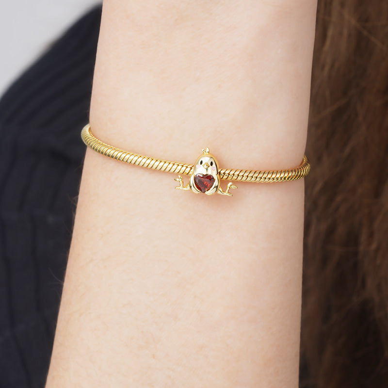 Little Yellow Chicken Embraces Heart Gemstone Charm Bead 925 Sterling Silver Gold Plated_3