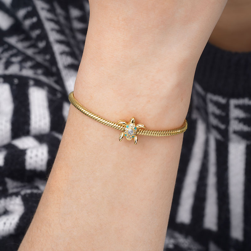 Double-sided Turtle Charm Bead 925 Sterling Silver 18K Gold Plated with Blue Enamels & Colorful CZ Stones_3