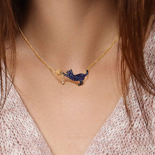 Cat Playing with Yarn Ball Necklace 925 Sterling Silver 18 Gold Plated Inlaid with Colorful CZ Stones_4
