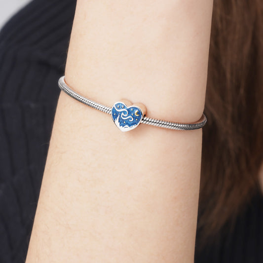 Starry Night Heart Charm Bead 925 Sterling Silver 18K Gold Plated with Enamels Double-sided Pattern_3