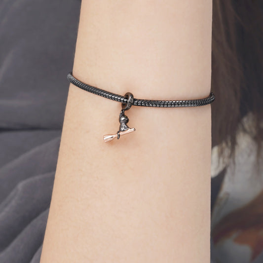 Black Cat Riding Broom Pendant Dangle Charm 925 Sterling Silver Two-tone Plating_3