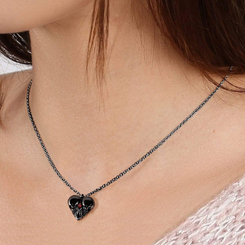 Heart Shaped Double Skull Necklace 925 Sterling Silver with Red Stone_3