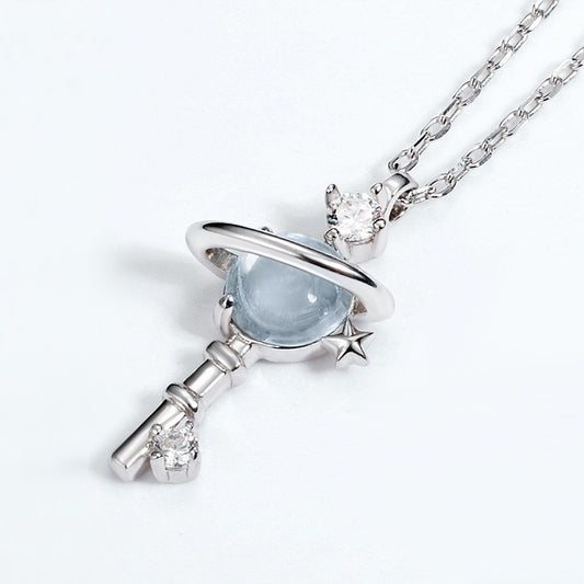 Sky Blue Topaz Planet Key Necklace Sterling Silver Inlaid with Crystal Gemstones_3