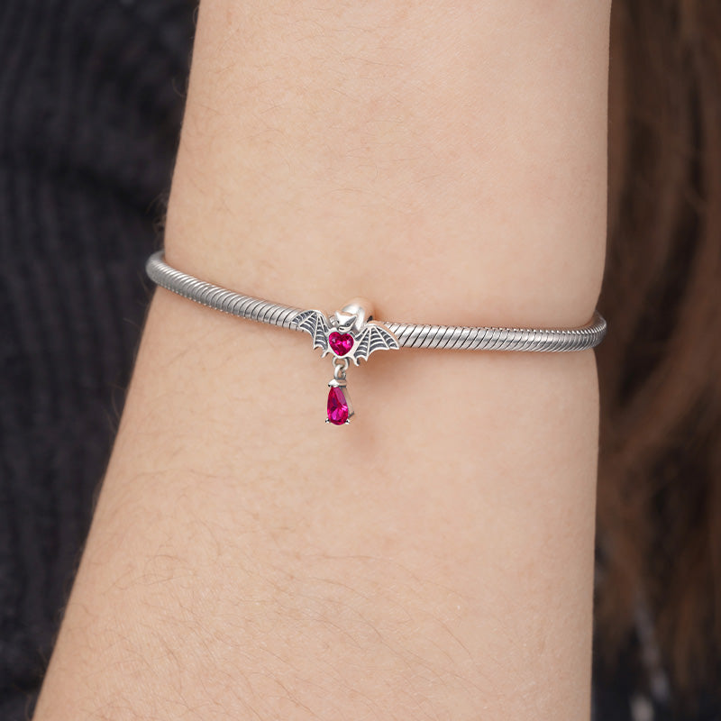 Bat Embrace Heart Stopper for Charm Bracelets 925 Sterling Silver with Fuchsia Teardrop Rhinestone Dangle_3