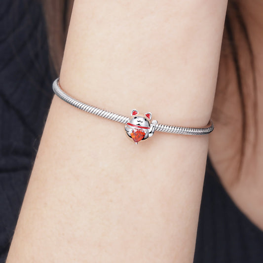 Lucky Cat Embraces Heart Gemstone Charm Bead 925 Sterling Silver_3