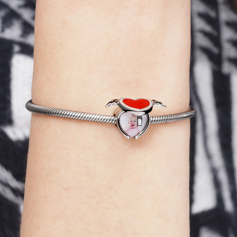 Gnoce "You are my Angel" 925 Sterling Silver Red Enamel Heart with Wings Personalized Jewelry Photo Locket Charm For Bracelet For Necklace_3