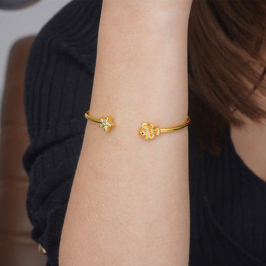 Fish & Starfish Open Bangle Bracelet 18K Gold Plated Inlaid with Clear and Orange CZ Stones_3