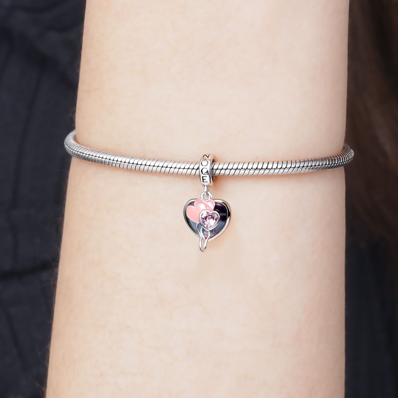 "You are always in my heart" Personalized Photo Charm Bead 925 Sterling Silver with Pink Enamel_3