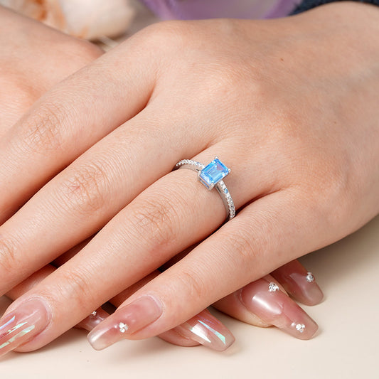 Blue Rectangle-Cut Ring 925 Sterling Silver Inlaid with Clear Gemstones_7