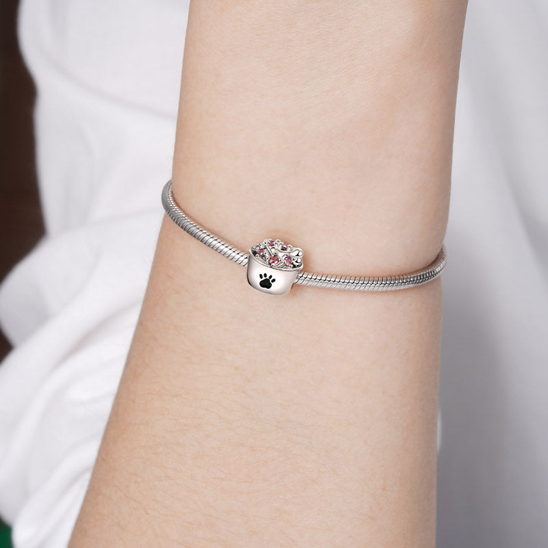 Pet Food Bowl Charm Bead 925 Sterling Silver Inlaid with Brown Gemstones_3