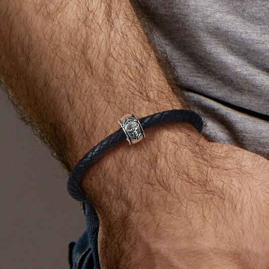 Skeleton Knight Armor Vintage Bead S925 Sterling Silver with Gift Copper Black Leather Men's Bracelet Jewelry for Men_6