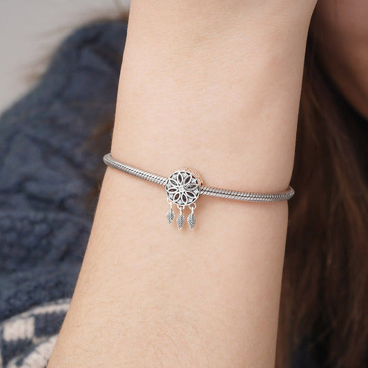 Dreamcatcher Leaves Charm Bead 925 Sterling Silver Inlaid with Clear Gemstones_3