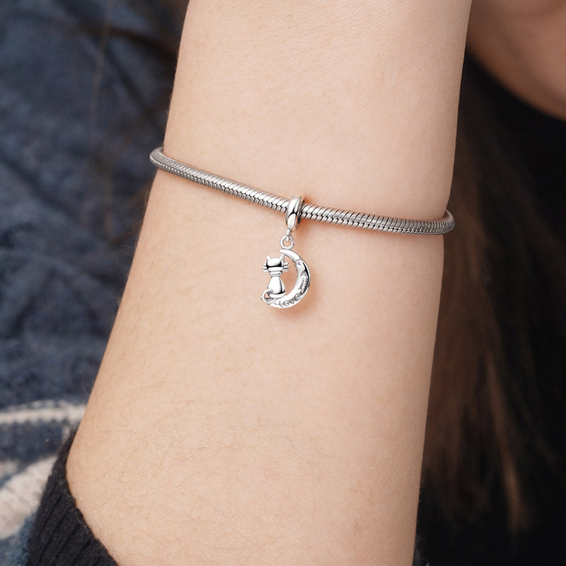 Cute Cat Sitting on Moon Pendant Dangle Charm 925 Sterling Silver_3