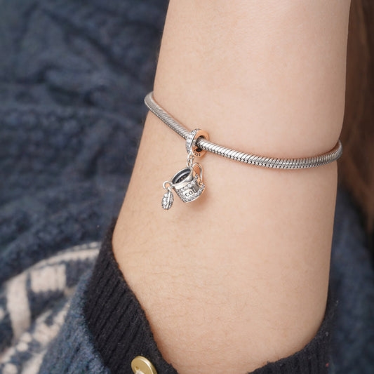 Coffee Pendant Dangle Charm 925 Sterling Silver Inlaid with Clear CZ Stones_3