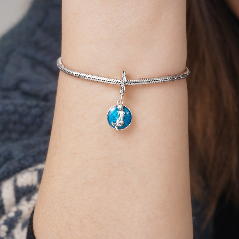 Mermaid & Sea Pendant Dangle Charm 925 Sterling Silver with Glitter Blue Enamels_3