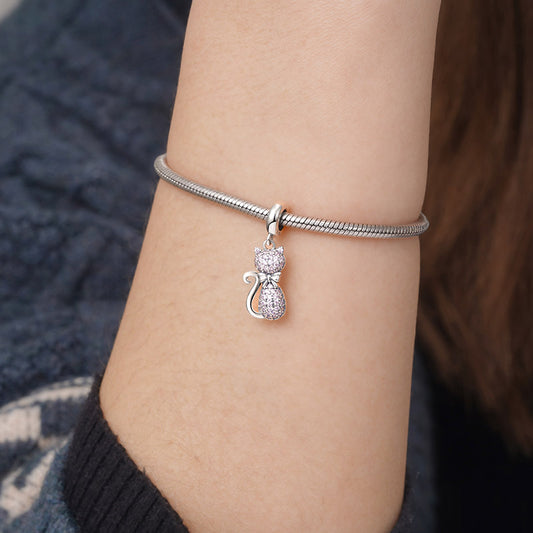 Cute Cat Pendant Dangle Charm 925 Sterling Silver Inalid with Pink CZ Stones_3