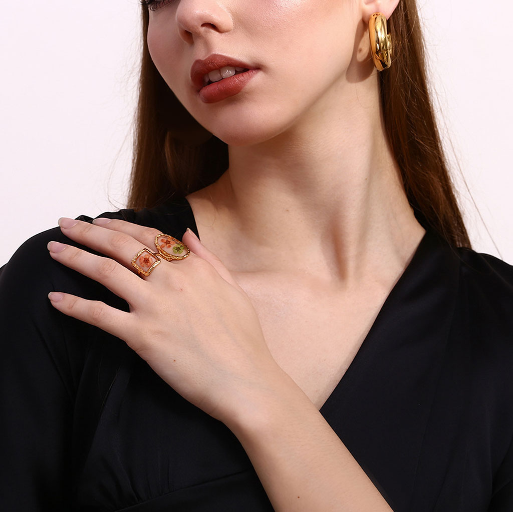 Gnoce Hammered Transparent Oval Flower Open Ring_4