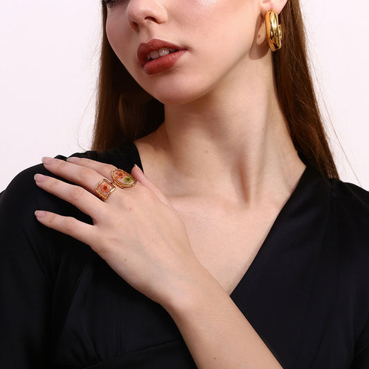 Gnoce Hammered Transparent Oval Flower Open Ring_4