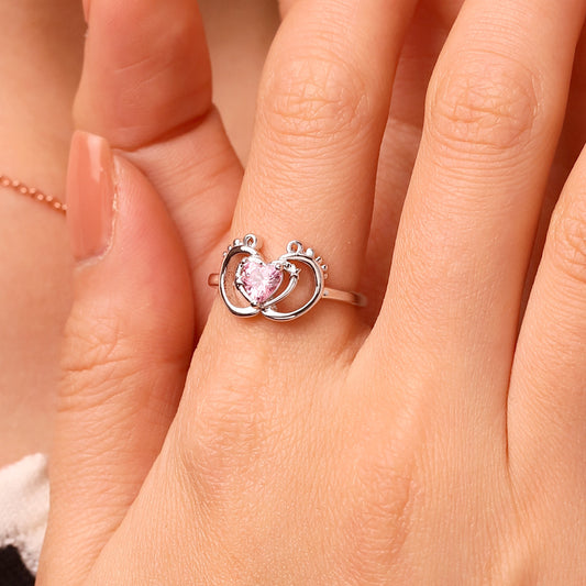 Gnoce Baby Footprint Heart Birthstone Ring_7