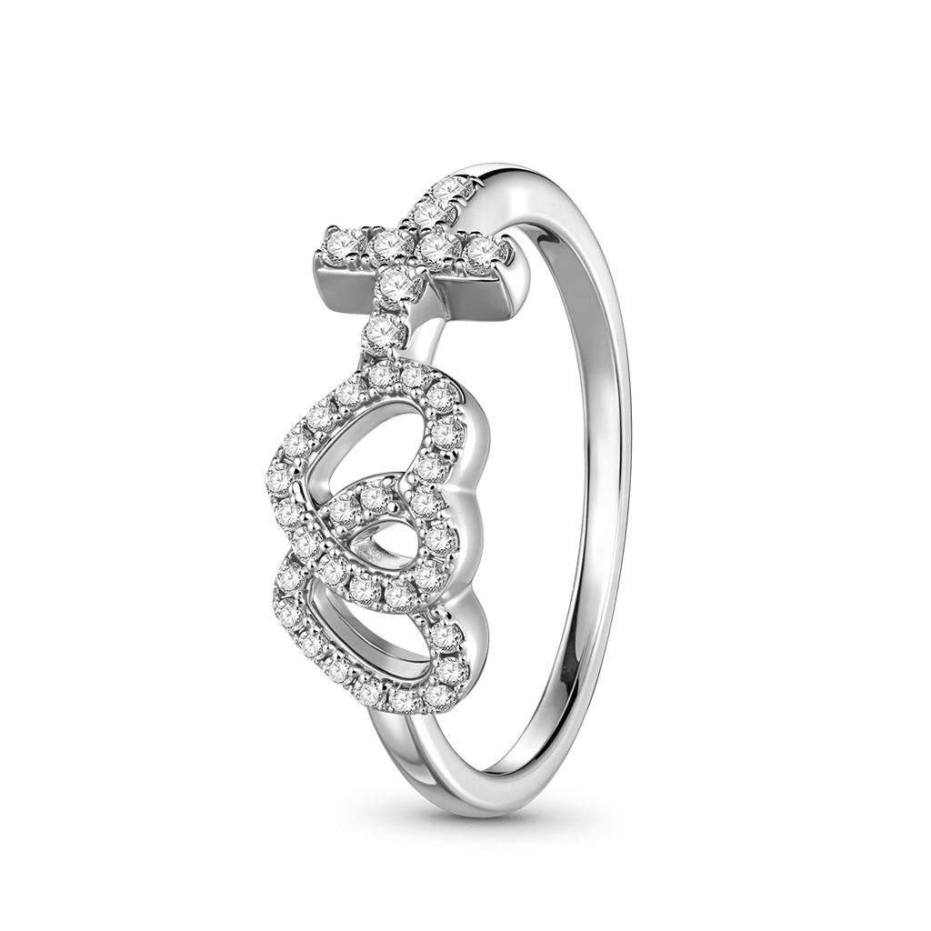 Gnoce Double Heart with Cross Ring Platinum-plated Silver Blend_4