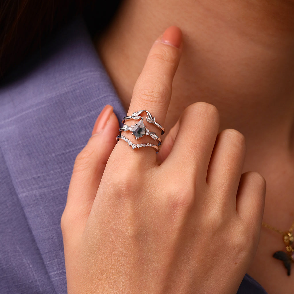 Gnoce Agate Leaf Stackable Ring Set Platinum-plated Silver Blend_3