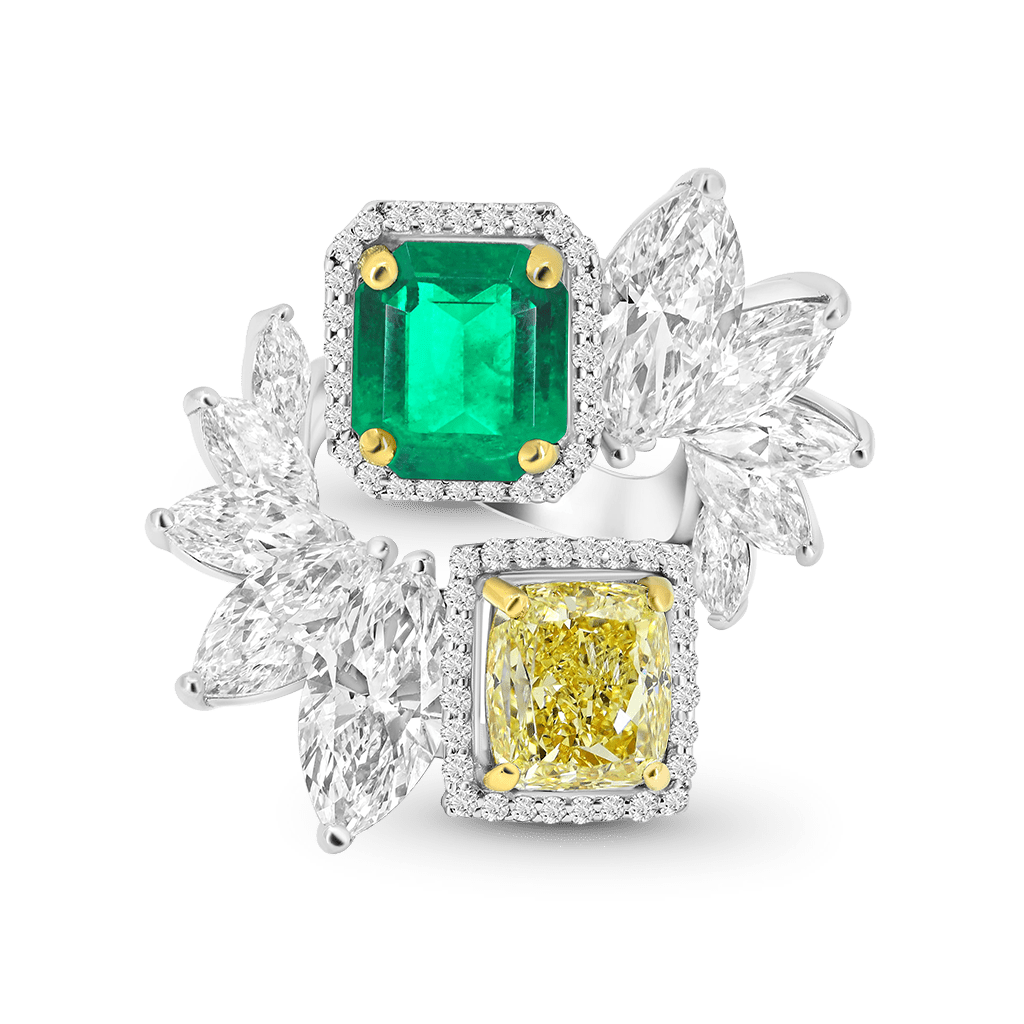 Gnoce Leaf Cluster Emerald & Yellow Moissanite Ring_4