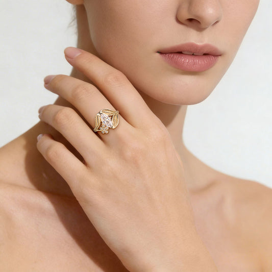 Gnoce Nature-Inspired Leaf & Floral Marquise-Cut Engagement Ring_2