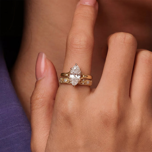 Gnoce Geometric Engraved Marquise-Cut Engagement Ring Set_2
