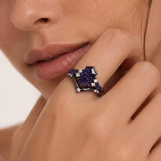 Gnoce Dark Blue Starry Night Sparkling Gemstone Ring Set_2