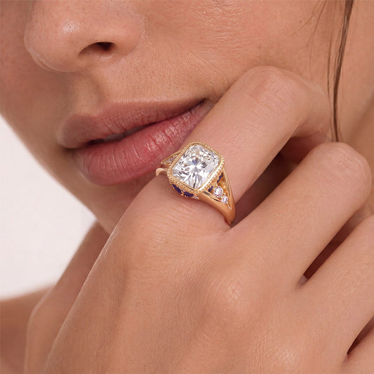 Gnoce Cushion Cut Moissanite Bezel Blue Accent Ring_2