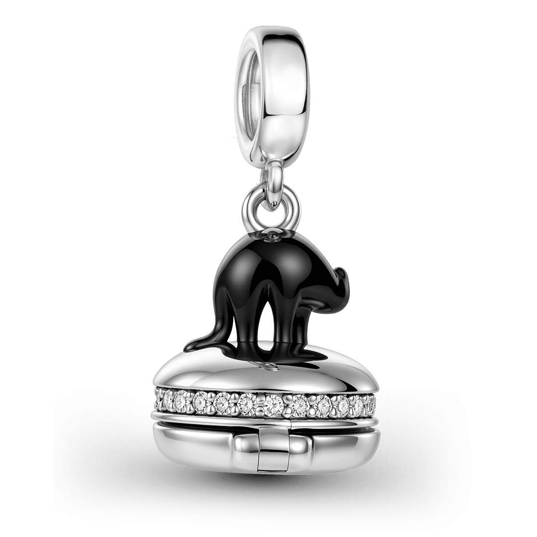 Gnoce Halloween Black Cat Box Engravable Dangle Charm Platinum-plated Silver Blend_8
