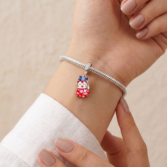 Gnoce Glow-in-the-Dark Red Kimono Lucky Cat Clasp Dangle Charm Platinum-plated Silver Blend_3