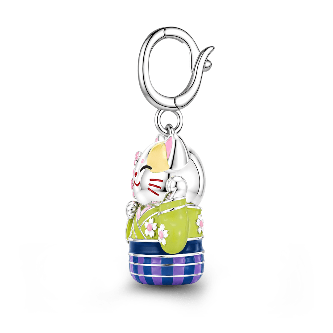 Gnoce Kimono Cherry Blossom Cat Clasp Dangle Charm Platinum-plated Silver Blend_6
