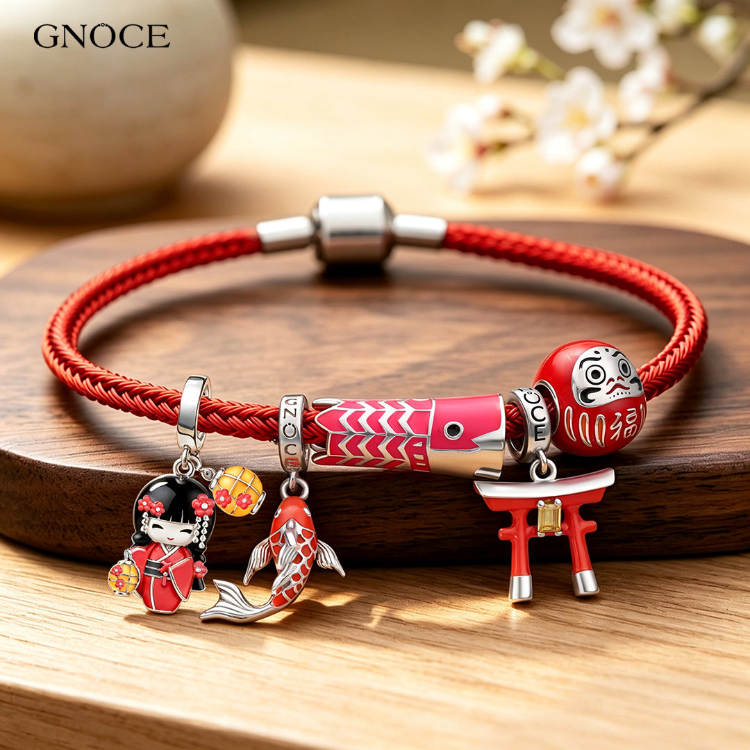 Gnoce Japanese Kokeshi Doll Multi‑charm Dangle Charm Bracelet Platinum‑plated Silver Blend_5