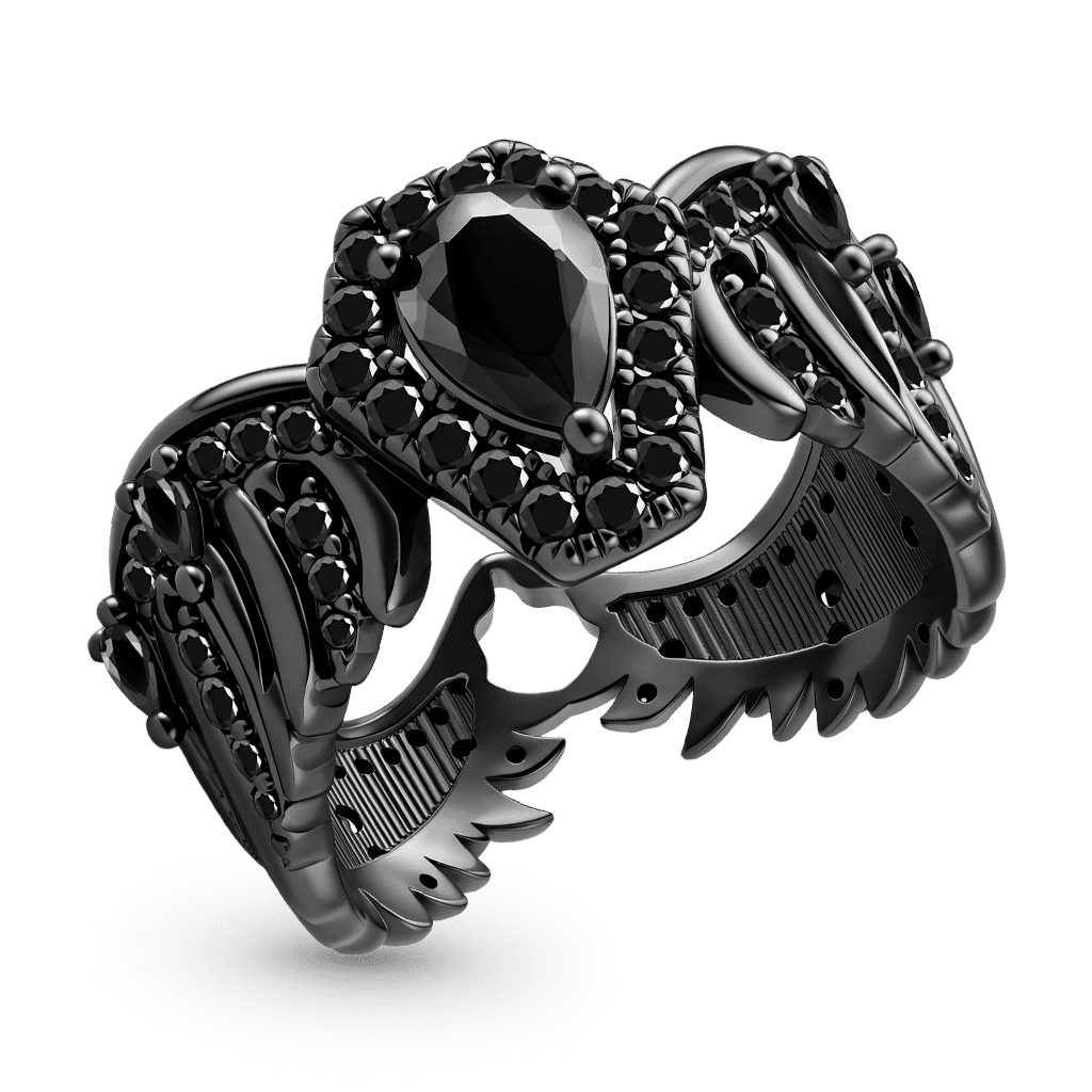 Gnoce Wings Coffin Pear-Shaped Black Gemstone Gothic Ring_4