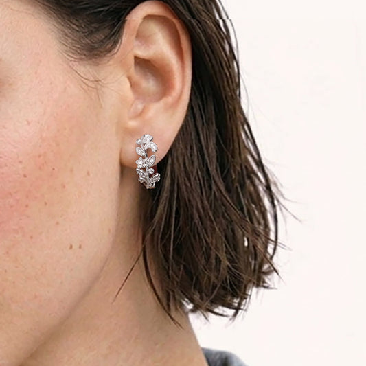 Gnoce Crystal Floral Leaf Hoop Earrings Platinum‑plated Silver Blend_2