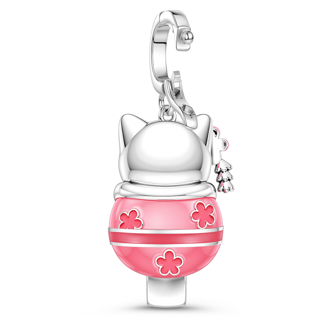 Gnoce Glow In Dark Japanese Sakura Lucky Cat Clasp Dangle Charm Platinum-plated Silver Blend_6