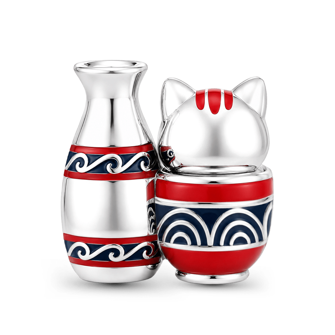 Gnoce Japanese Cat Sake Bottle Through‑hole Bead Charm Platinum‑plated Silver Blend_6