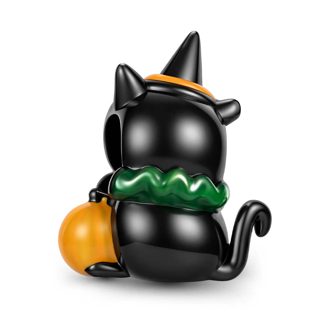 Gnoce Glow‑in‑the‑dark Halloween Black Cat Through‑hole Bead Charm Black Gold-plated Silver Blend_6