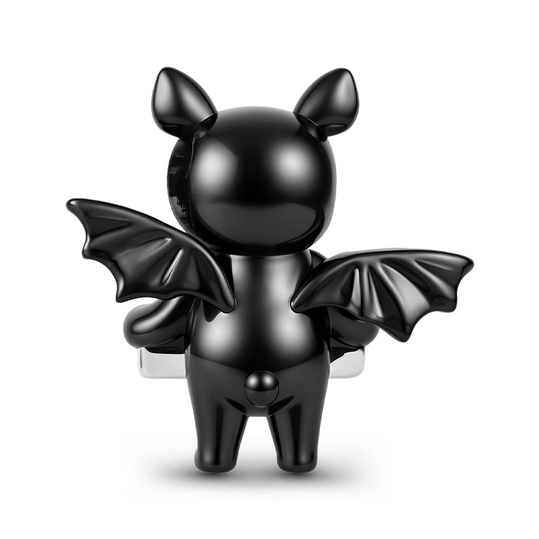 Gnoce Glow‑in‑the‑dark Halloween Skeleton Bat Engravable Through‑hole Bead Charm Black Gold-plated Silver Blend_7