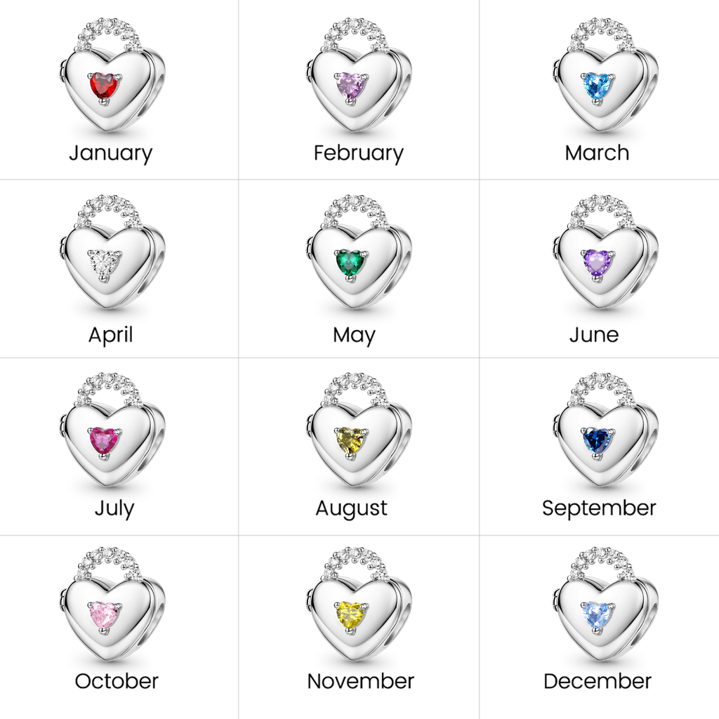 Gnoce Birthstone Custom Engravable Heart Locket Bead Charm Platinum‑plated Silver Blend_8