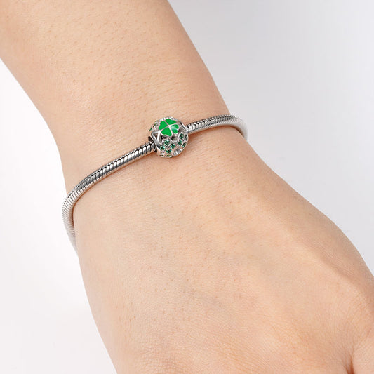 Lucky Four-Leaf Clover Heart Shape Hollow Charm with Emerald Stones Sterling Silver_3