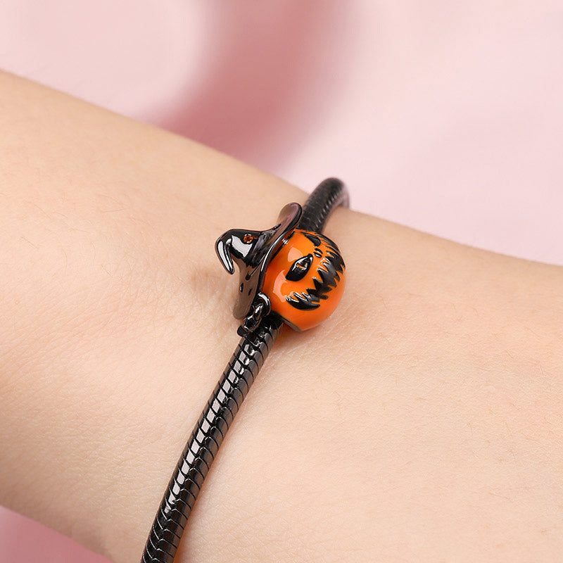 Pumpkin Wearing a Wizard Hat Charm Black Bead Jewelry Sterling Silver_3